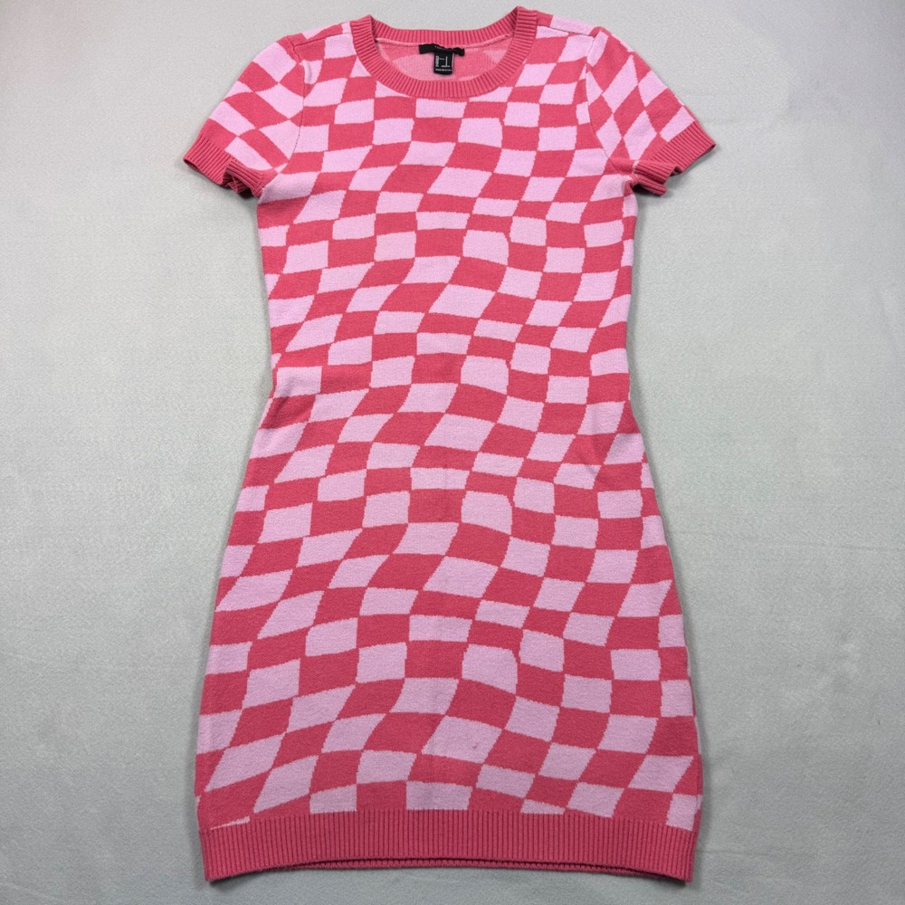 Forever 21 Pink Warped Checkerboard Sweater Dress Short Sleeve Knit Mini Small